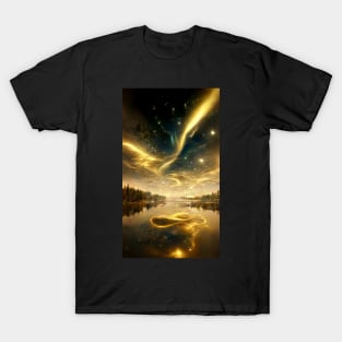 Northern glow over a lake in full stars night sky T-Shirt